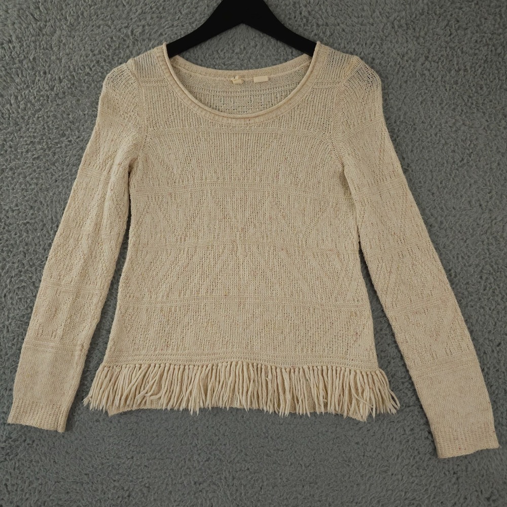 Anthropologie Moth Sweater Womens Small Beige Donegal Fringe Hem Wool Blend Knit